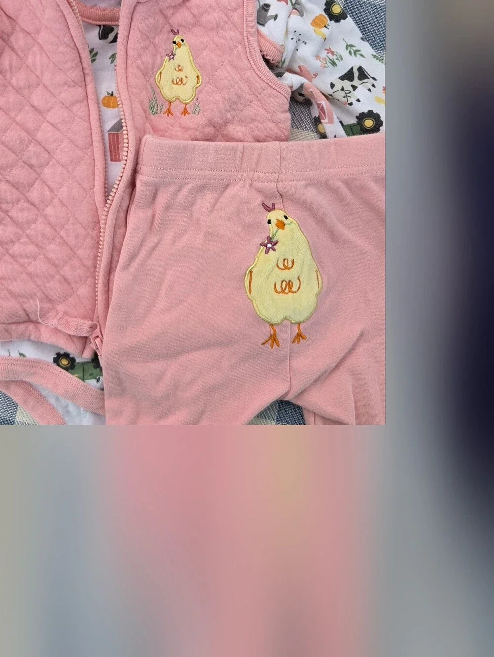 John Deere Pink Quilted Vest and Farm-Print 3 Pc. Outfit, Chicken Butt, 3/6 Mos